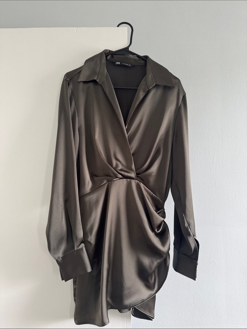 Zara Charcoal Gray Satin-Effect Twist-Detail Mini Dress